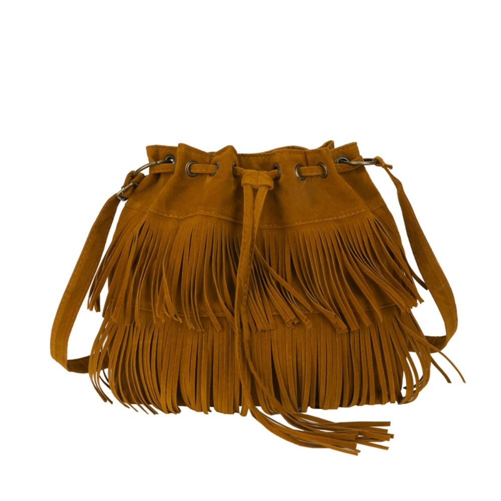 Korean Style Suede Handbag PU Leather Drawstring Bucket Bag Fashion Tassel Shoulder Bag  Women