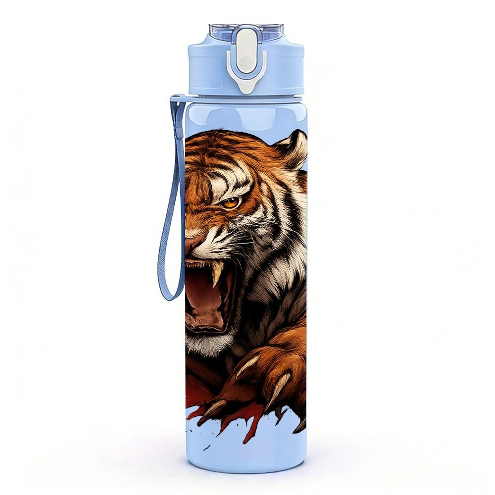 1PC Fierce Tiger Wild Animal Pattern 750ml Color Plastic Sports Water Bottle Leakproof Flip Straw Lid Suitable for Sports Office Home Use