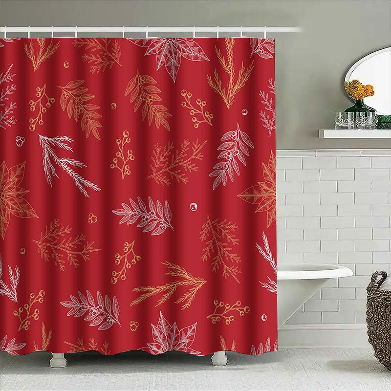 Luxury Christmas Shower Curtain Floral Print Home Decoration Waterproof Red Bath Mat Set Decoration For Bathroom Red/Floral Desi