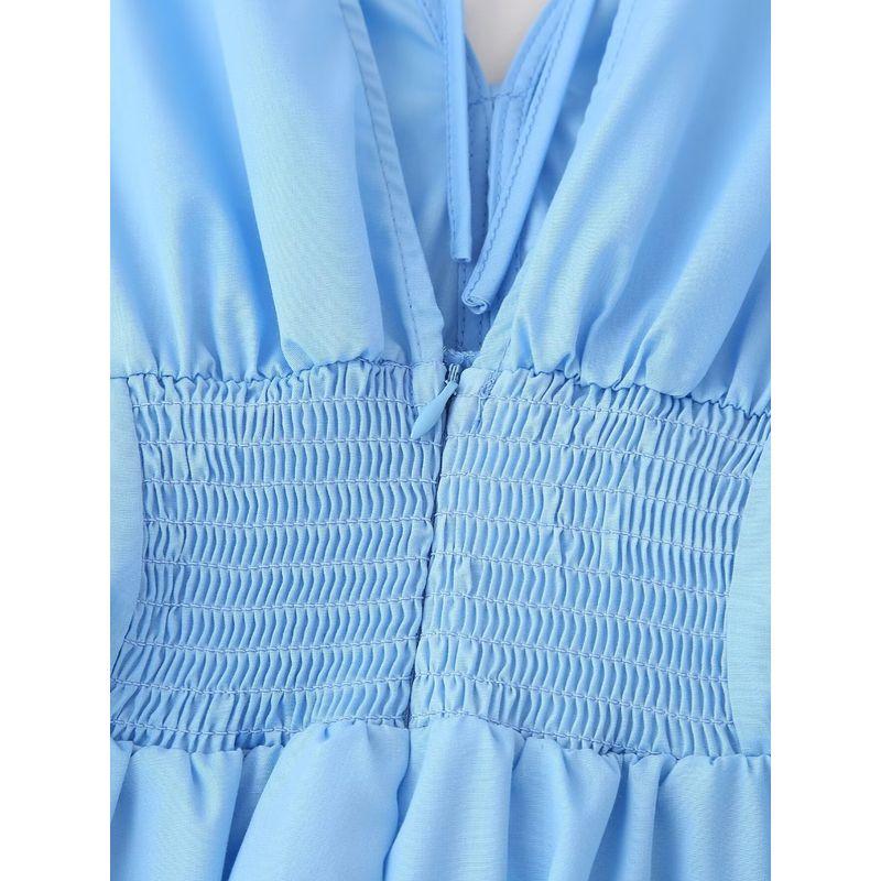 Kaslead New Arrival Women's Clothing Fashion Style Fashion Three-Dimensional Flower V Neck Short Sleeve Drawstring Dress