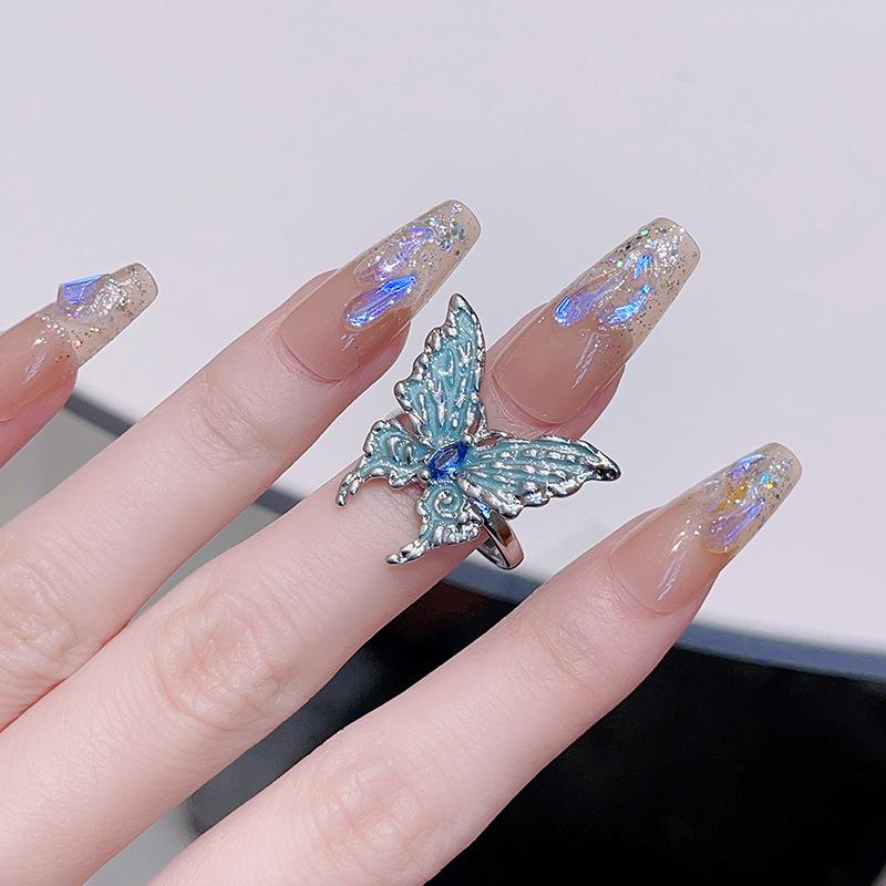 Pierścionek Otwierany z Motylem Trójwymiarowy z Nierównomiernym Kropleniem Oleju Damski Niszowy Design Regulowany Pierścionek na Palec Wskazujący Pierścionek Zimny Wiatr