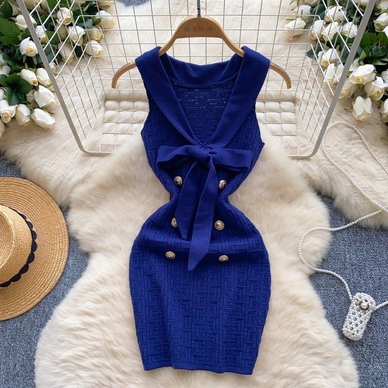 

Classic Style Dress Women s French Style Retro Design V Neck Bows Lace up Double Breasted Silm Knitting Short Skirt Dark Blue One size