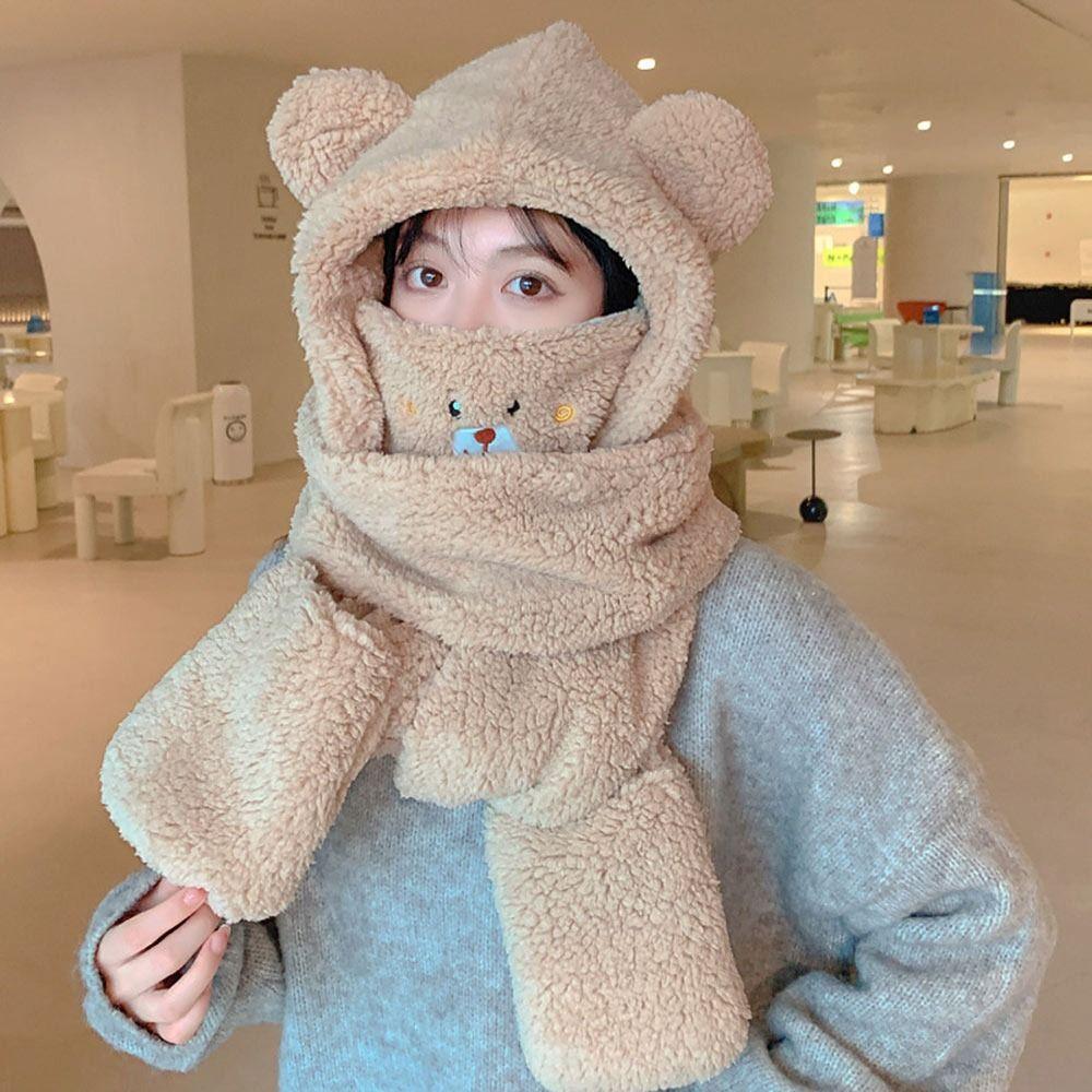 Плюшевая Шапка-Бини Шарф Мультяшные Ушки Медведя Защитная Шапка Модная Интегрированная Шапка-Шарф Женская Девочки бежевый