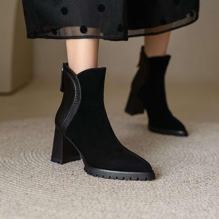 Retro wind waterproof table splicing thick heel short boots women's autumn and winter new pointed thick sole high heel versatile fashion boots