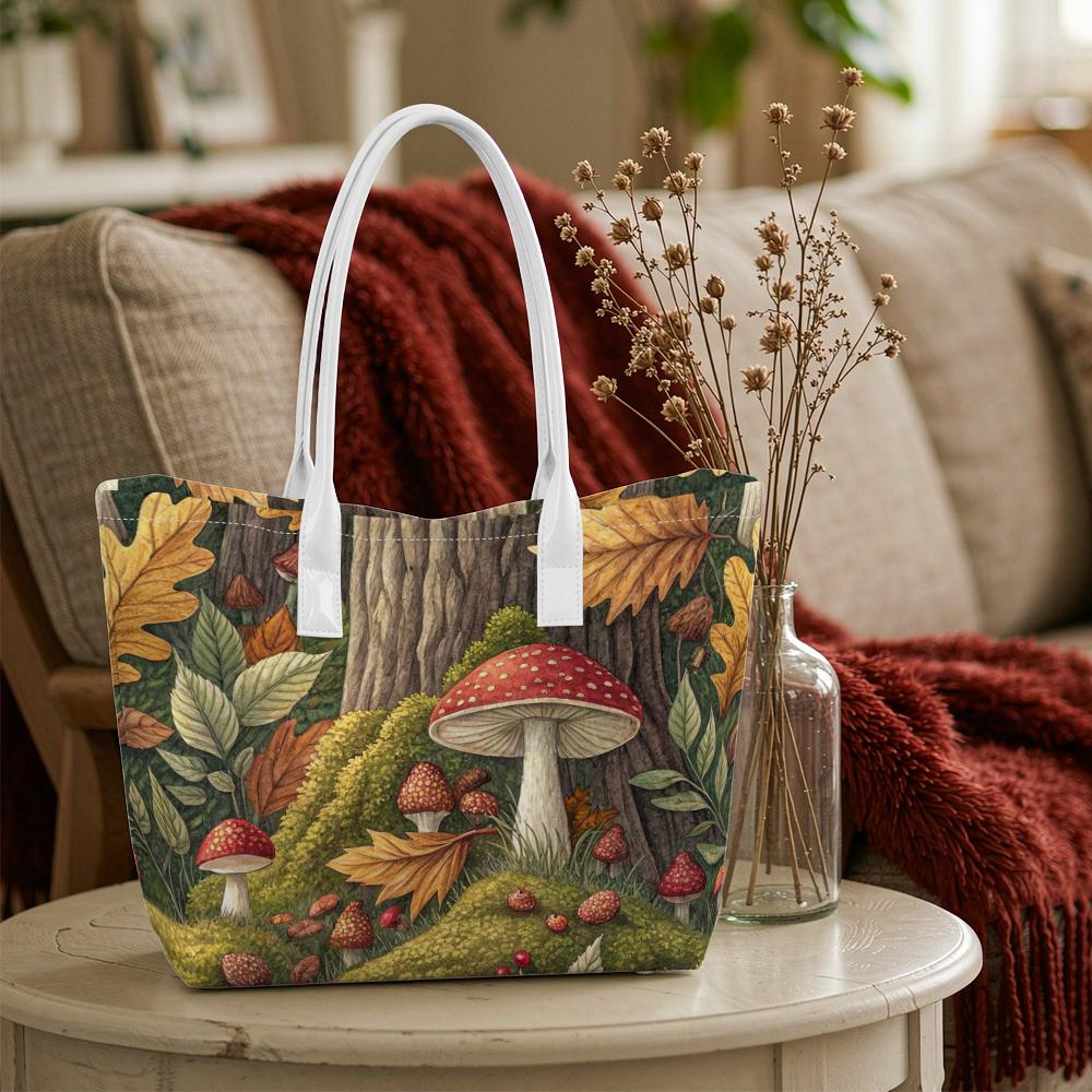 Cute Mushroom Print Casual Tote Bag Portable Daily Use Shoulder Handbag for Outdoor Shopping Travel