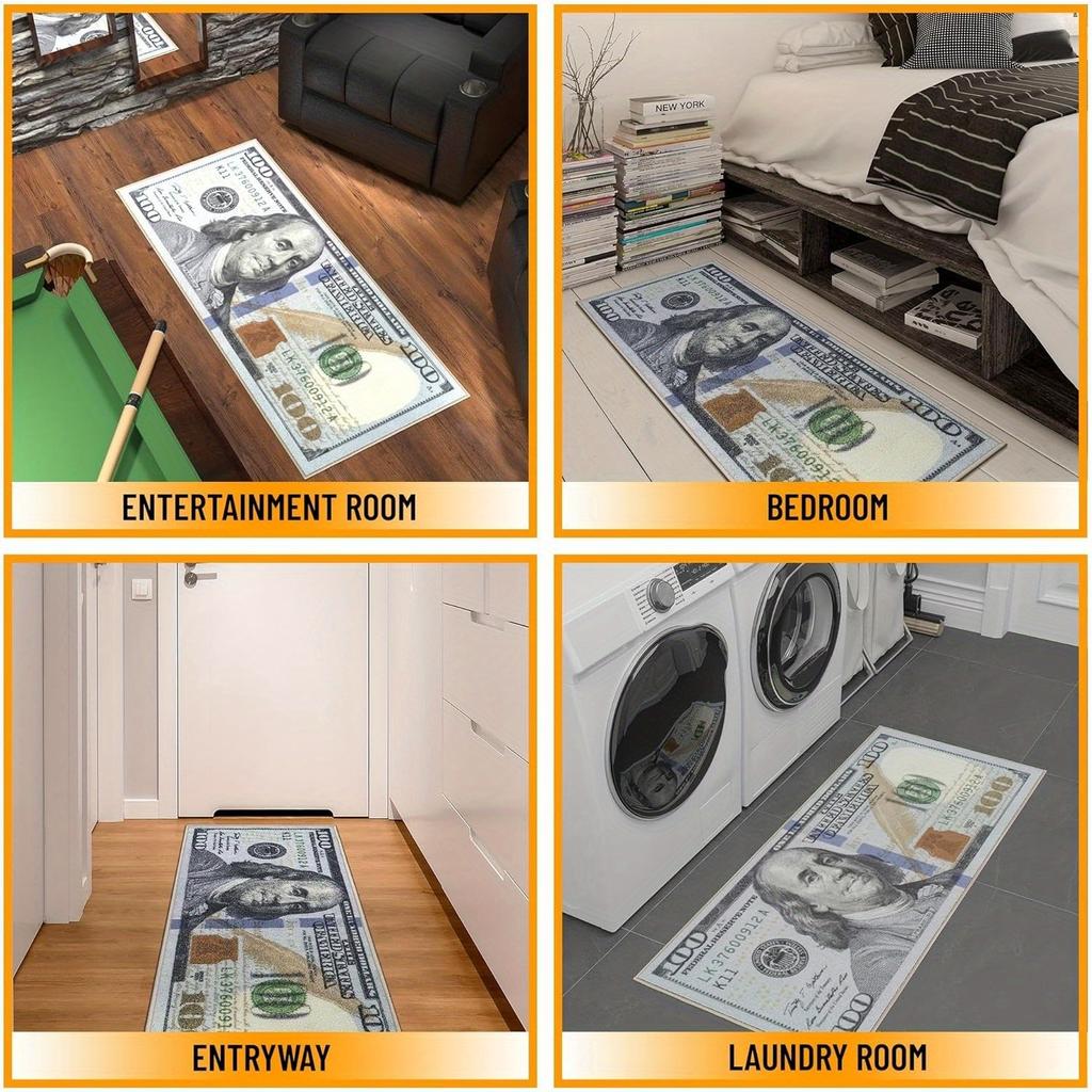 24"x63" Currency Print Non-Slip Runner Rug - Machine Washable Rubberback Hallway Mat, Modern Geometric Floor Carpet for Kitchen/Bedroom/Entryway
