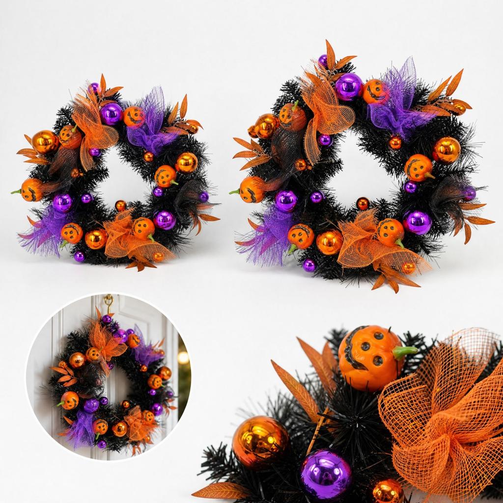 Pumpkin Face Halloween Wreath for Front Door Decor, Unlit