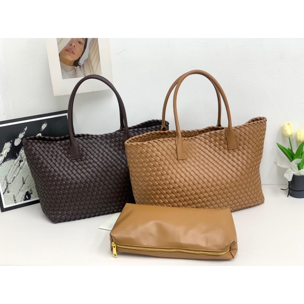New Double-sided Woven Tote Bag Women's Genuine Leather Shoulder Handbag Large-capacity Shopping Bag Vegetable Basket Commuter Versatile