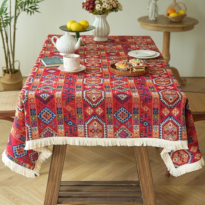 Bohemia Embroidery Patterns Table Cloth Red Badge Tassels Table Cover for Dining Coffee Party Table Decoration Rectangular Round