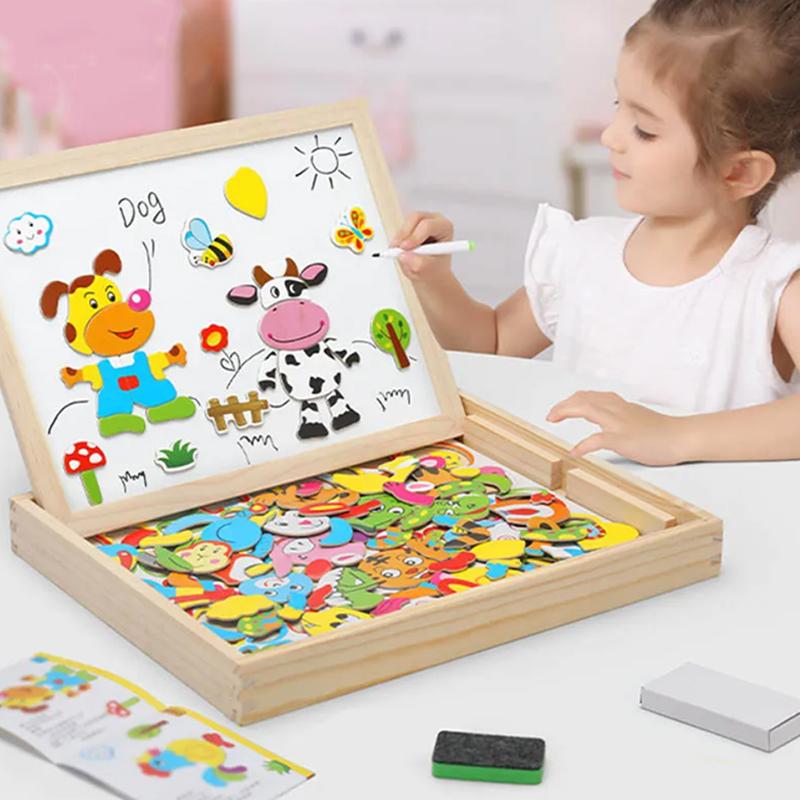 Dřevěné multifunkční děti Zvířecí puzzle psaní Magnetická tabule Tabule Výukové vzdělávací hračky pro děti