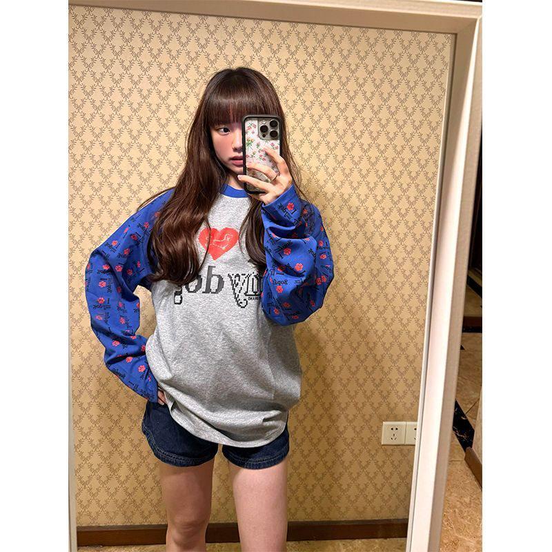 

Unisex American Retro Color Block Dog Print Raglan Long Sleeve T-Shirt 2XL