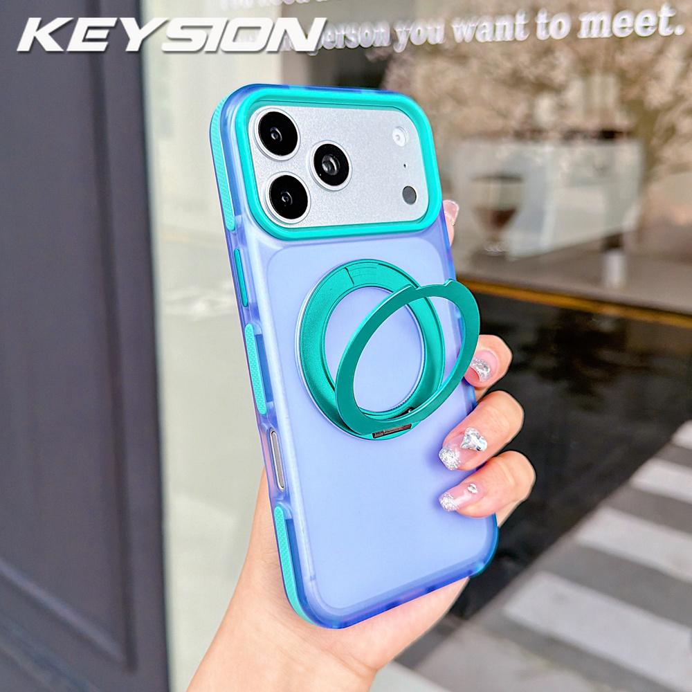 KEYSION Color blocking Magnetic 360°Ring Stand Case for MagSafe for iPhone 14 15 16 17 Pro Max Matte Shockproof Phone Back Cover