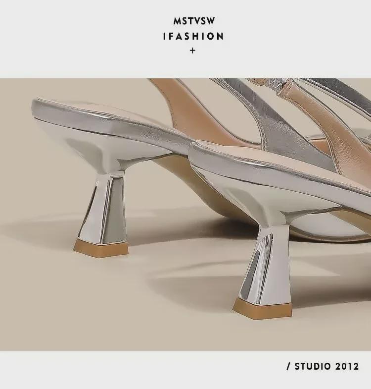 Damen Sandalen im französischen Stil mit niedrigem Absatz, atmungsaktiv, Stiletto, mit Schnallenriemen