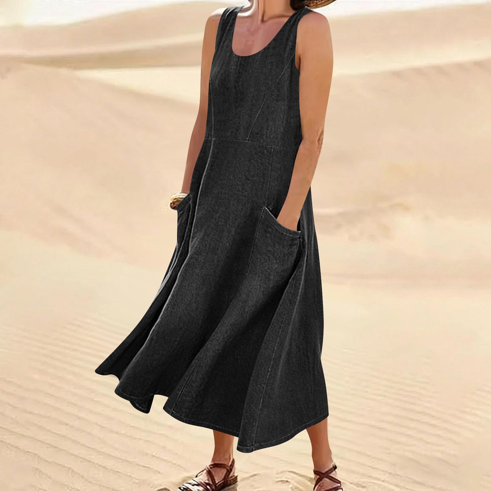 Women s Summer Dress Casual Loose Long Beach Vacation Dresses Denim Dress For Women L чёрный
