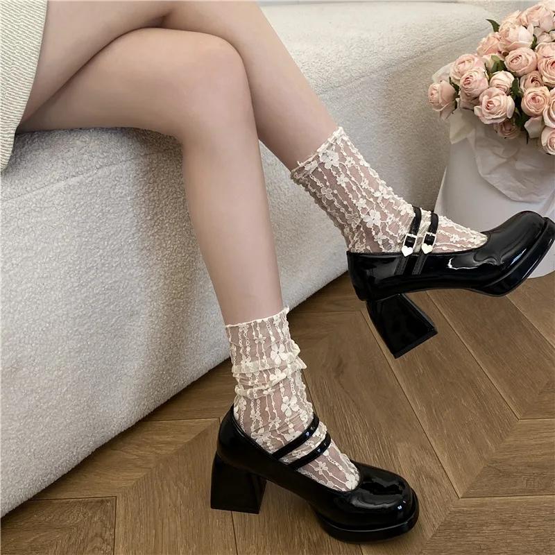Fashion Women Chunky Heels Mary Jane Shoes Princess Spring New Fashion Platform Comfortable Black Soft Anti-slippery Dress Leather Shoes
