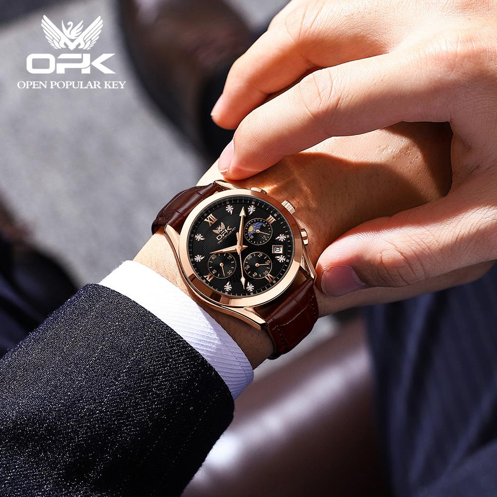 OPK 8162 Fashion Men's Quartz Wristwatch Chronograph Auto Date Luminous Leather Strap Moon Phase Luxury Man Watch