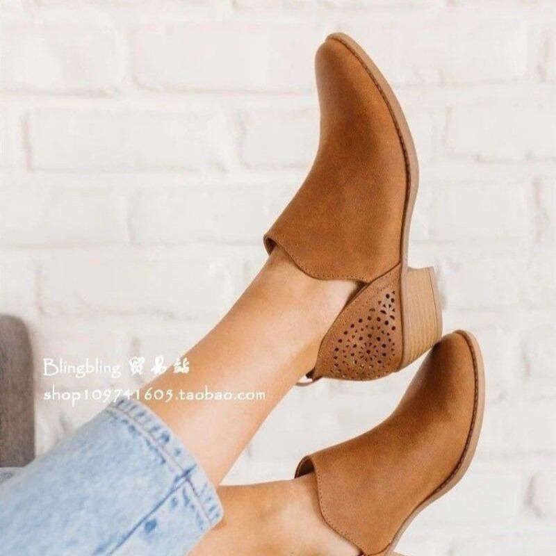 Chelsea boots autumn and winter new hollow pointed low tube square heel women's boots
