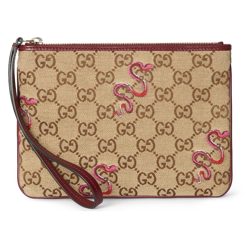 Gucci GG Supreme Canvas Snake Embroidered Wristlet Pouch With Leather Trim For Unisex Daily Use