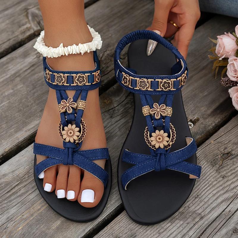 Flower Beaded Bohemian Sandals for Women Summer 2025 Roman Style Comfortable Flat Sandals Woman Lightweight Non Slip Beach Shoes