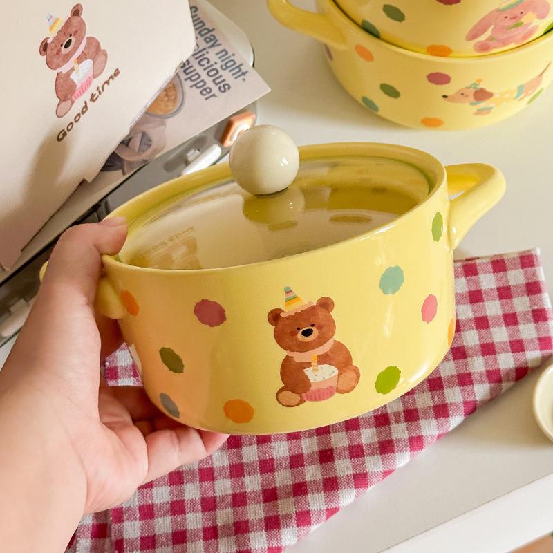 Cute Polka Dot Binaural Instant Noodle Bowl with Cover Student Dormitory Large Capacity Instant Noodle Bowl Personal Special Snail Powder Bowl