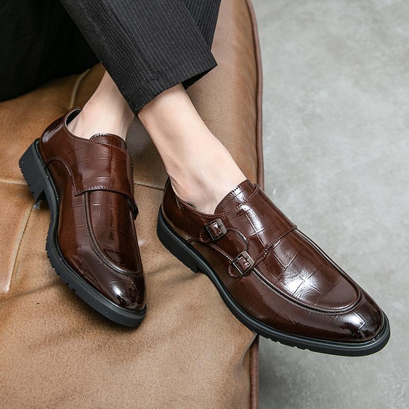 Men Monks Black Dress Loafers Shoes Slip On Comfort Wedding Brown Formal Leather Business Shoes Large Size