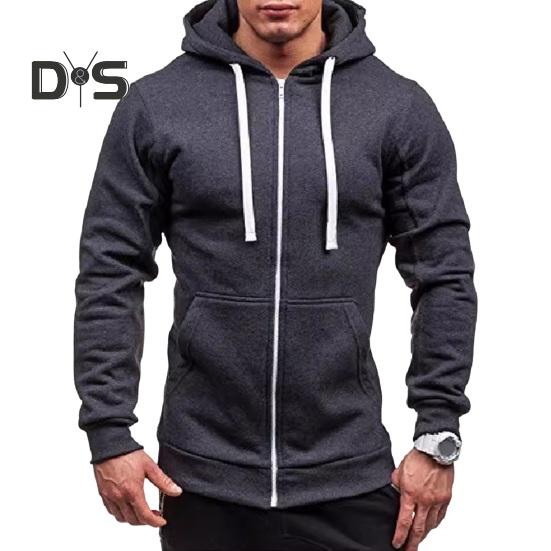 Fall Winter Men Jacket Hooded Drawstring Zip-up Long Sleeves Solid Color Cardigan Elastic Cuff Pockets Mid Length Hoodie Jacket