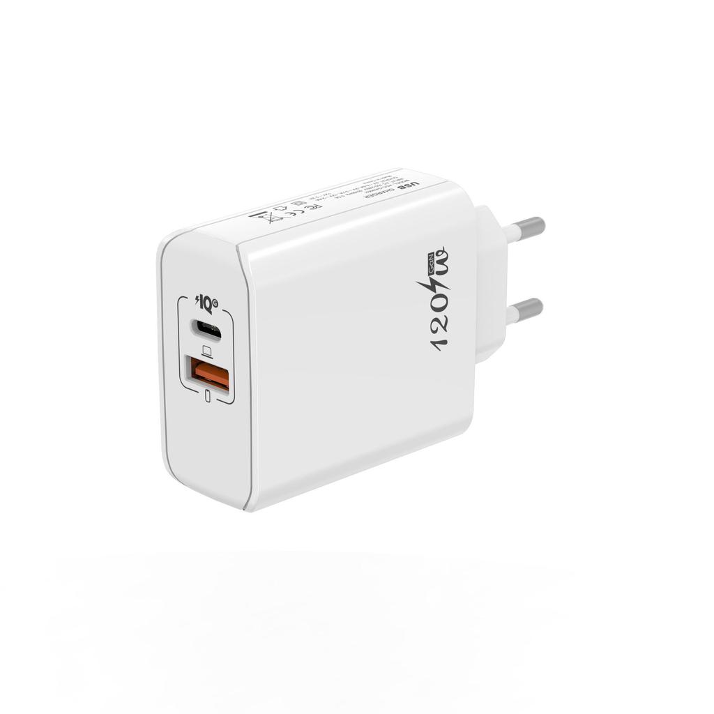 120W GaN Charger with A+C Ports, 65W Output, EU/US/UK Plug for Mobile Devices