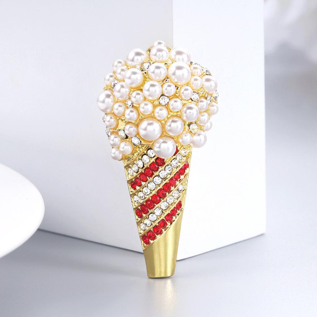 Fashion Ice Cream Cone Shaped Brooch with Sparkling Crystal Pearls Coat Decoration Multi Purpose Clothing Accessory