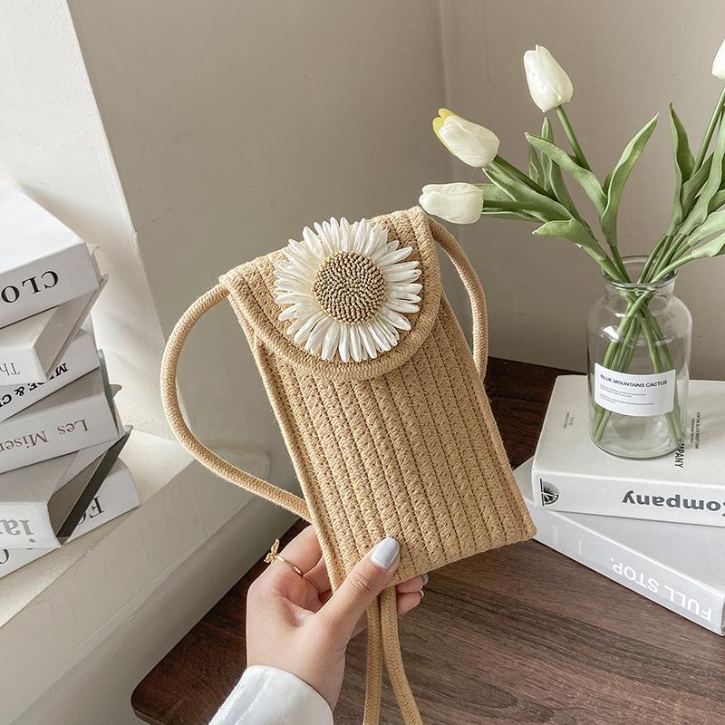 Damen Strandurlaub Umhängetasche: Gewebtes Baumwollseil Blumendesign für Handy & Münzen