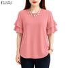 ZANZEA Women Casual Round Neck Ruffles Short Sleeve Loose Solid Blouse