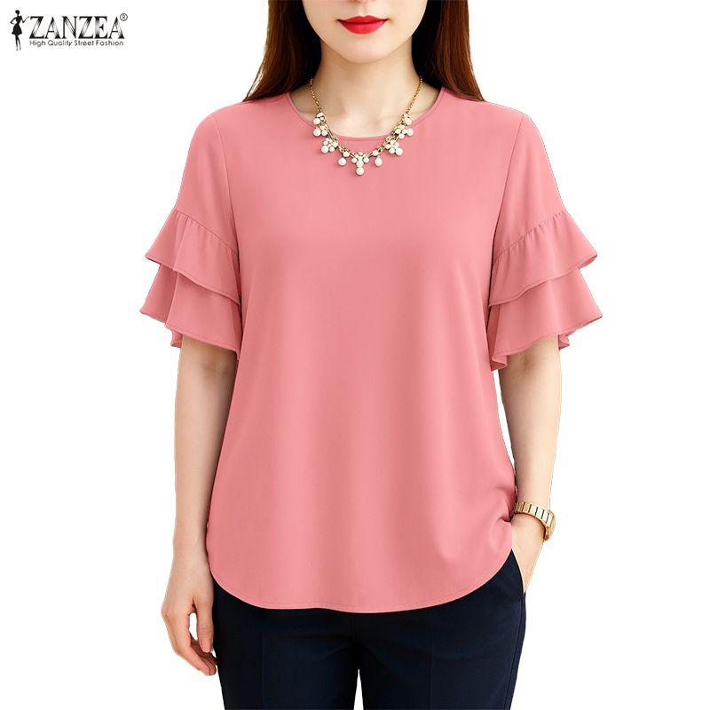 ZANZEA Women Casual Round Neck Ruffles Short Sleeve Loose Solid Blouse