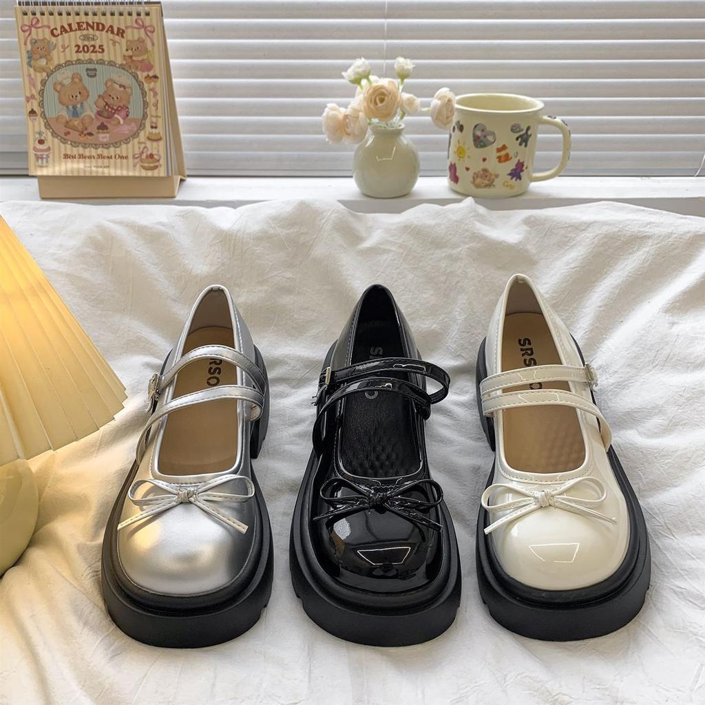 Thick-soled Mary Jane retro shoes summer new bow French style with skirt light mouth small leather shoes single shoes