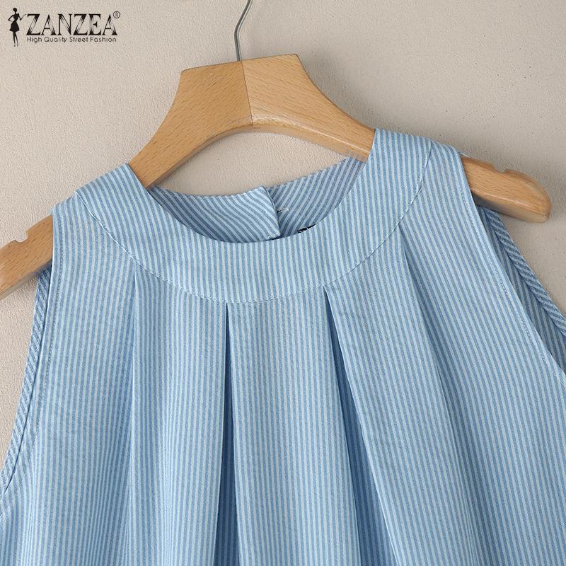 ZANZEA Women Casual Round Neck Summer Sleeveless Stripe Tank Tops