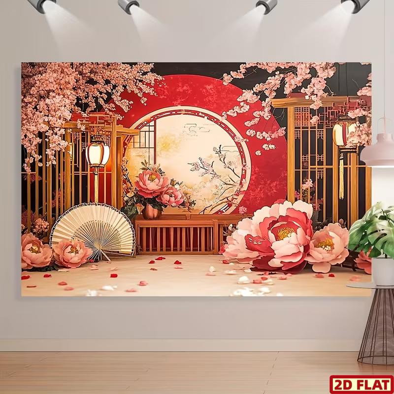 2D Chinese Red Floral Backdrop Peony Cherry Blossom Background