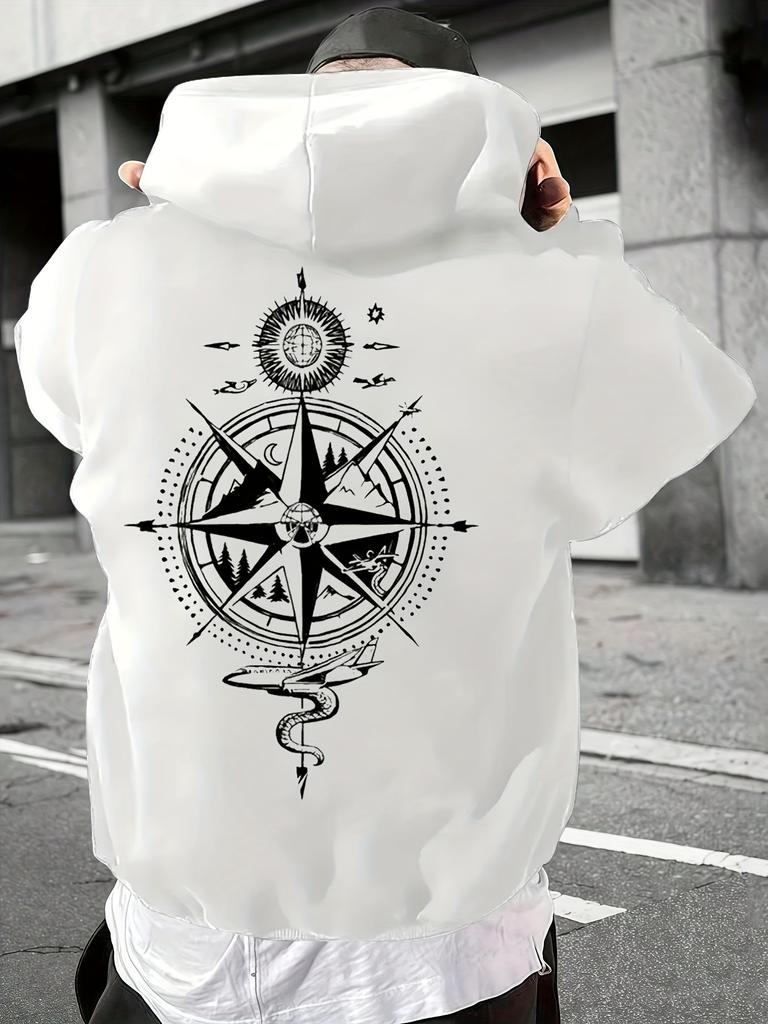 Pullover Hooded Sweatshirt Unisex Men Women Compass Graphic Print Hoodie Streetwear Long Sleeve Tops With Kangaroo Pocket