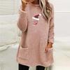 Women's Christmas Red Wine Glass Print Plush Hoodie with Pockets - Round Neck, Long Sleeve, Loose Fit (2024)