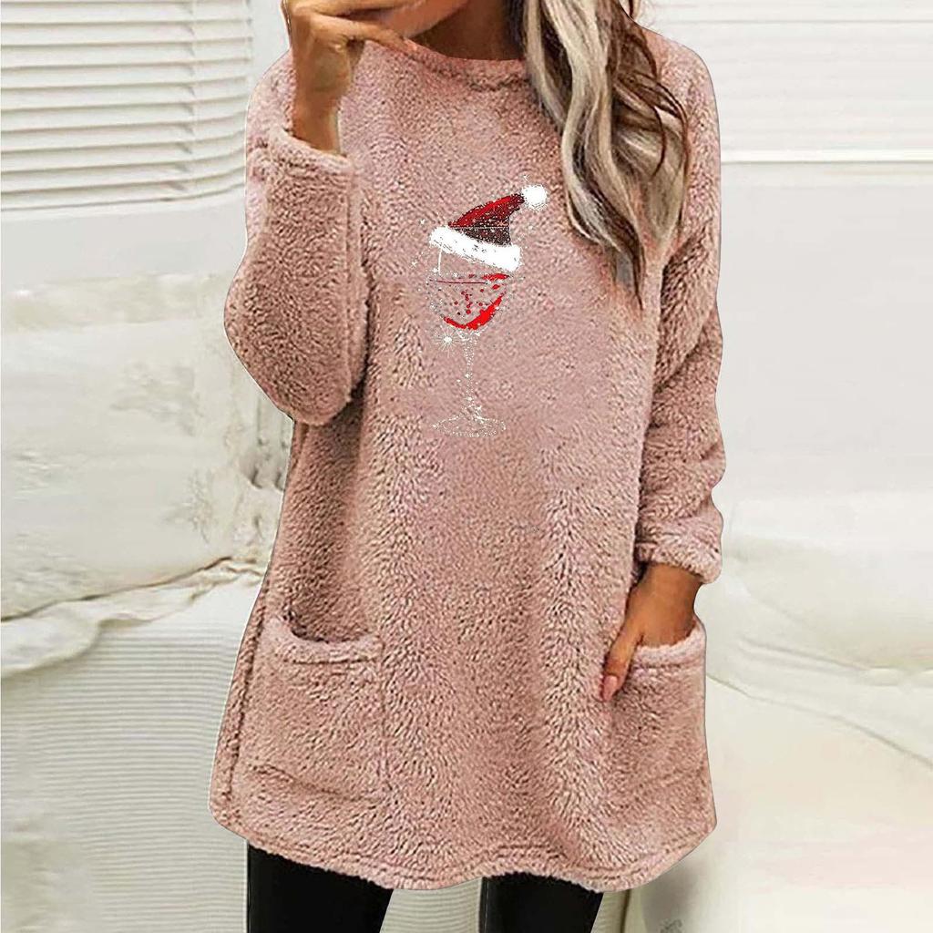 Women's Christmas Red Wine Glass Print Plush Hoodie with Pockets - Round Neck, Long Sleeve, Loose Fit (2024)