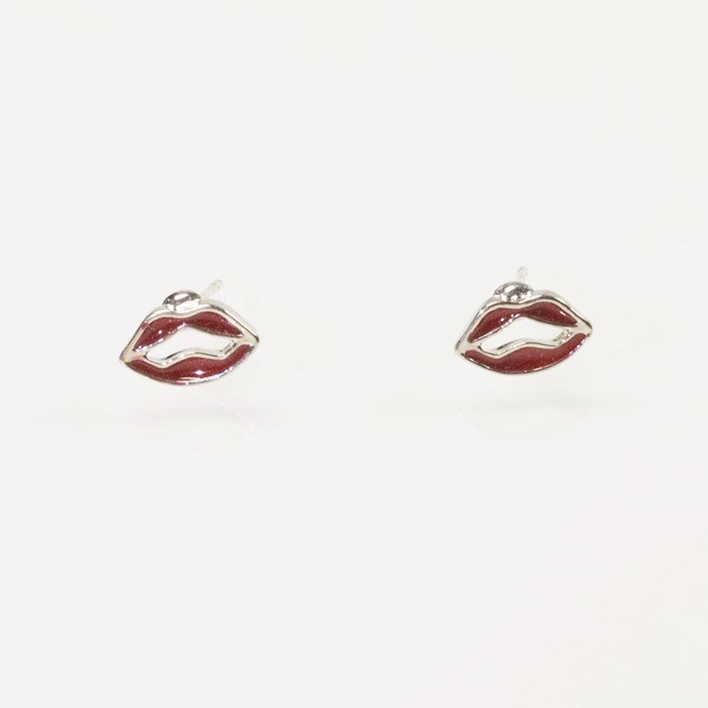 S925 silver needle cute small stud earrings red lip painting oil stud earrings personalized small lip big stud earrings fashion earrings women