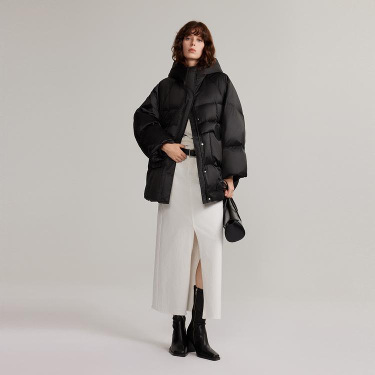 ELLE French Warm Solid Color Hooded Basic Down Jacket Women outerwear Black EY49322