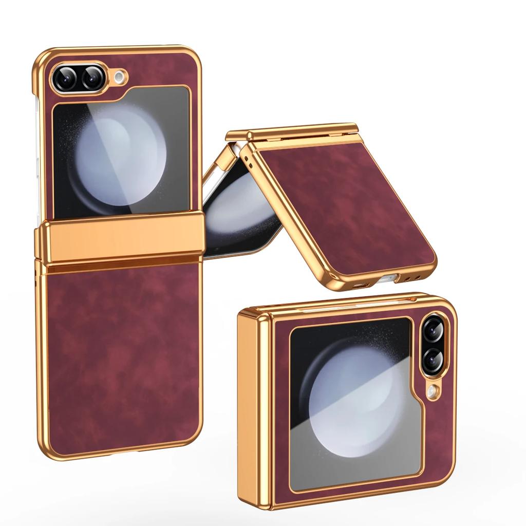 PU Leather Phone Case for Samsung Z Flip 7 fe 6 5 4 3 Flip6 Flip5 Flip4 Flip3 Hinge Protective Gold Frame Cover