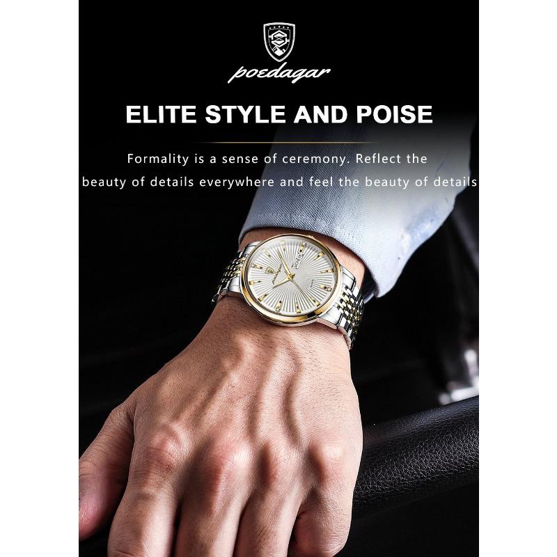 POEDAGAR Fashion Business Men's Watches Waterproof Luminous Date&Week Stainless Steel Watch Quartz Exquisite Male Wristwatch