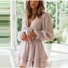 Spring & Autumn V-Neck Long Bubble Sleeve Lace-up Ruffle Dress