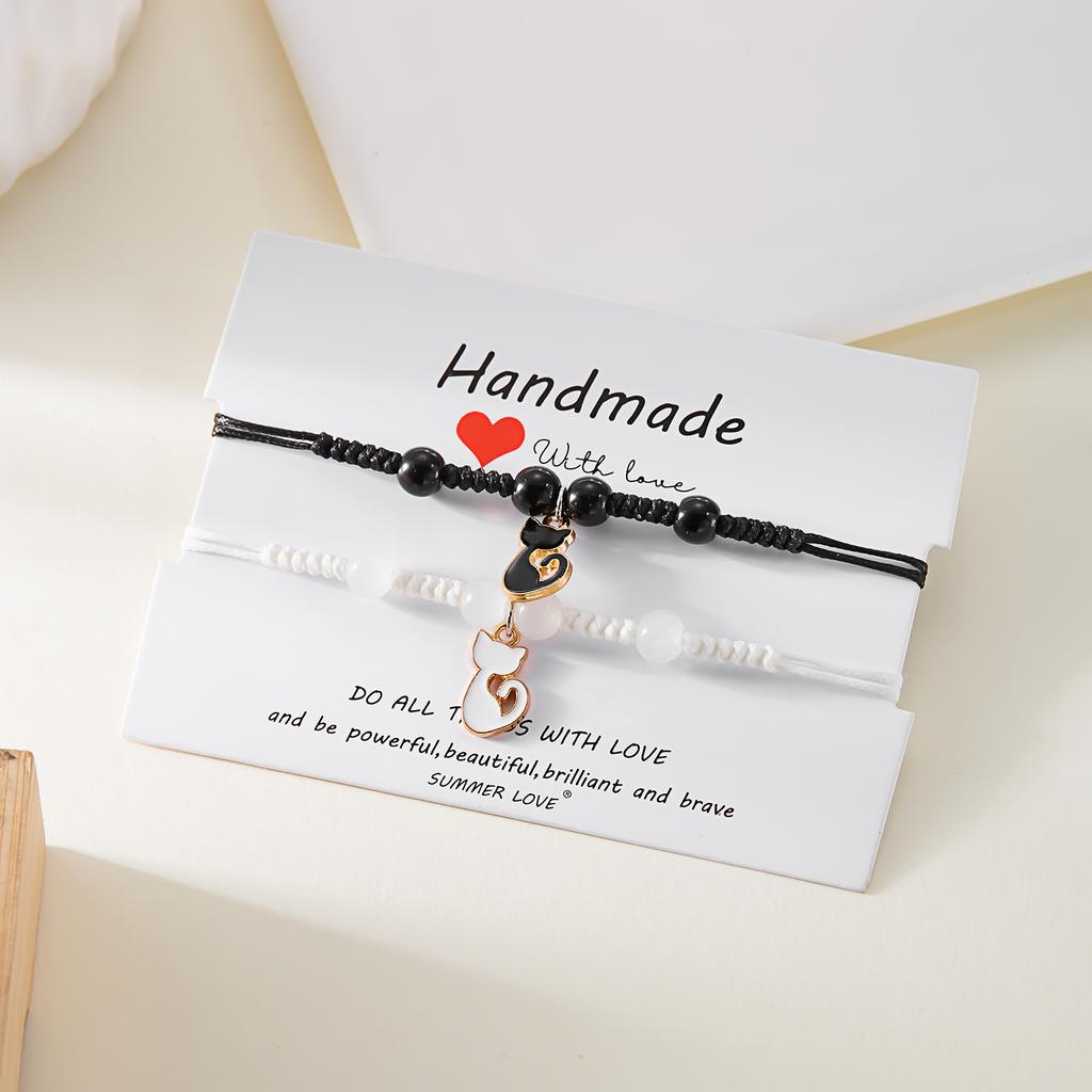 Cute Black White Cat Couple Bracelet for Women Men Handmade Braided Rope Adjustable Matching Bracelets Friendship Jewelry Gift