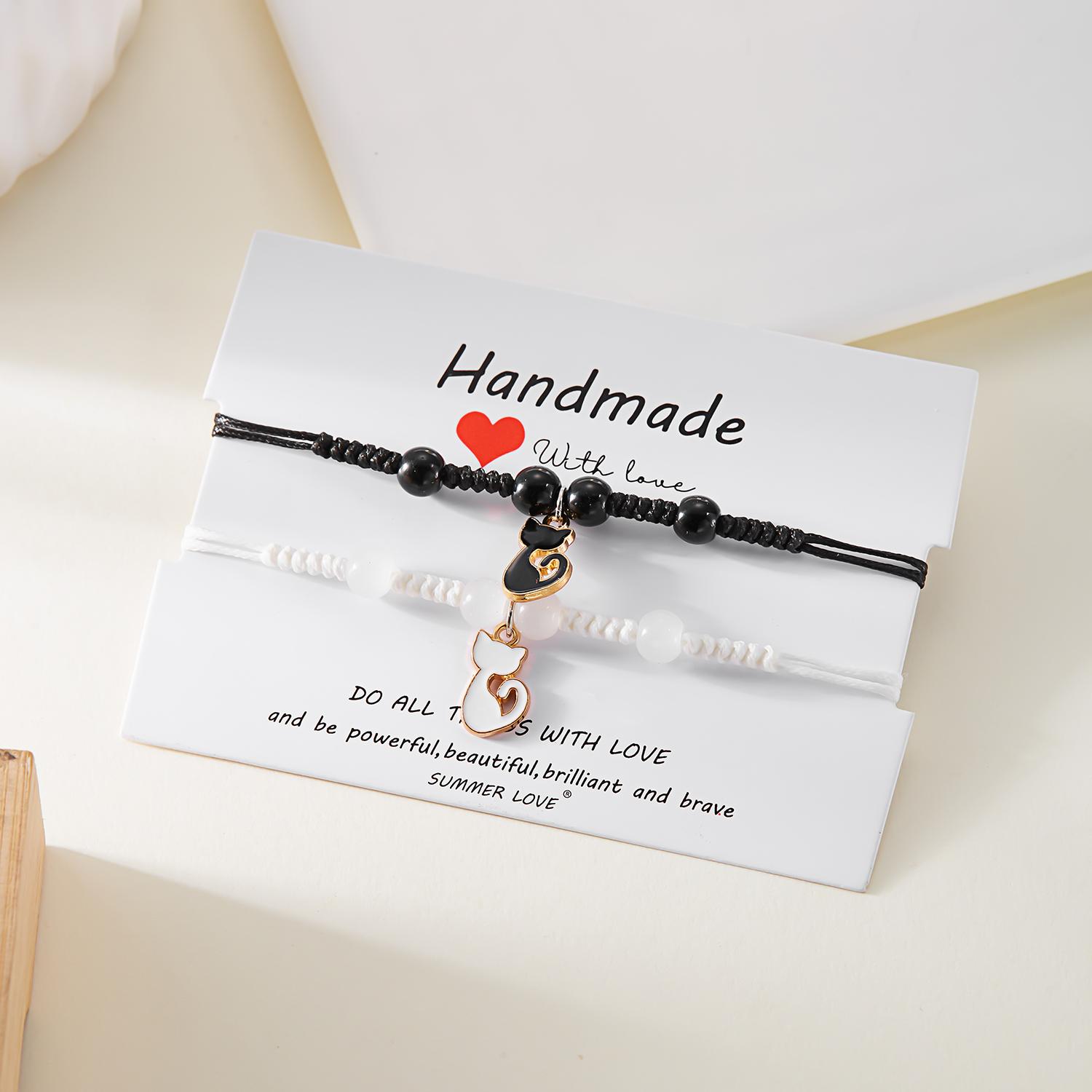 

Cute Black White Cat Couple Bracelet for Women Men Handmade Braided Rope Adjustable Matching Bracelets Friendship Jewelry Gift