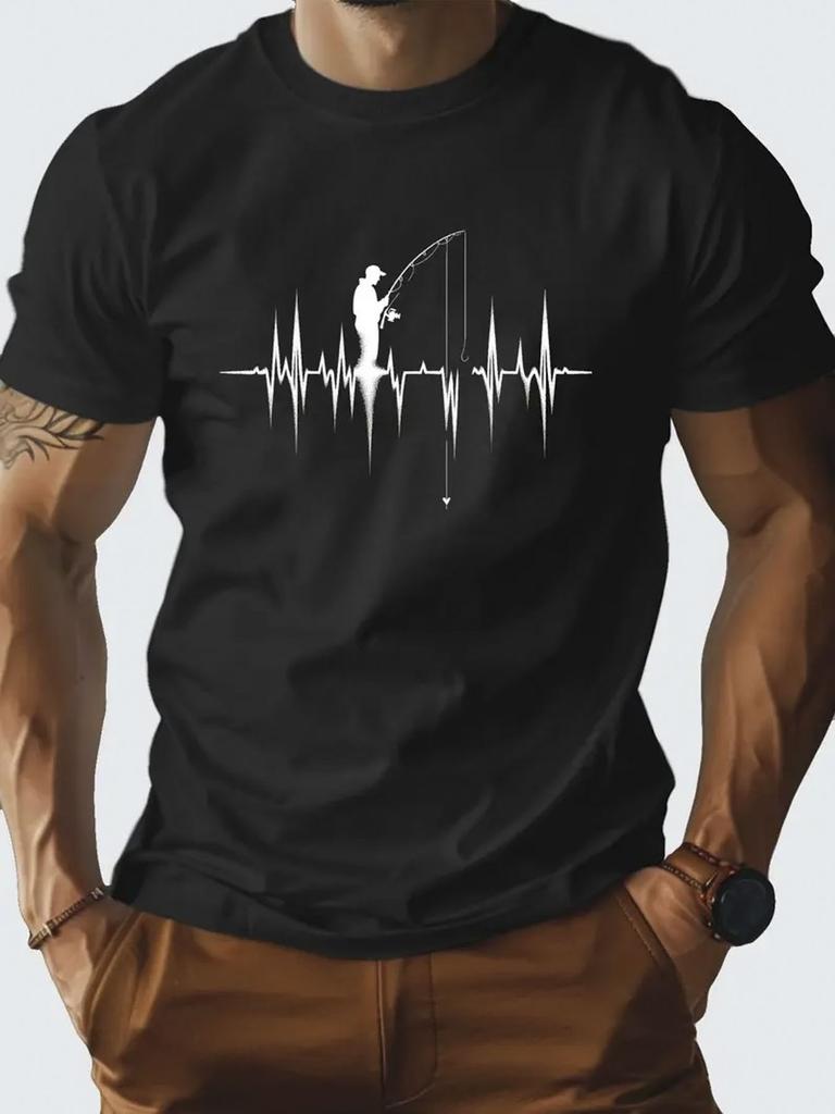 1pc 's 100% Cotton Fishing T-Shirt with River Fishing & Heartbeat Line Print, Short Sleeve Round Nec