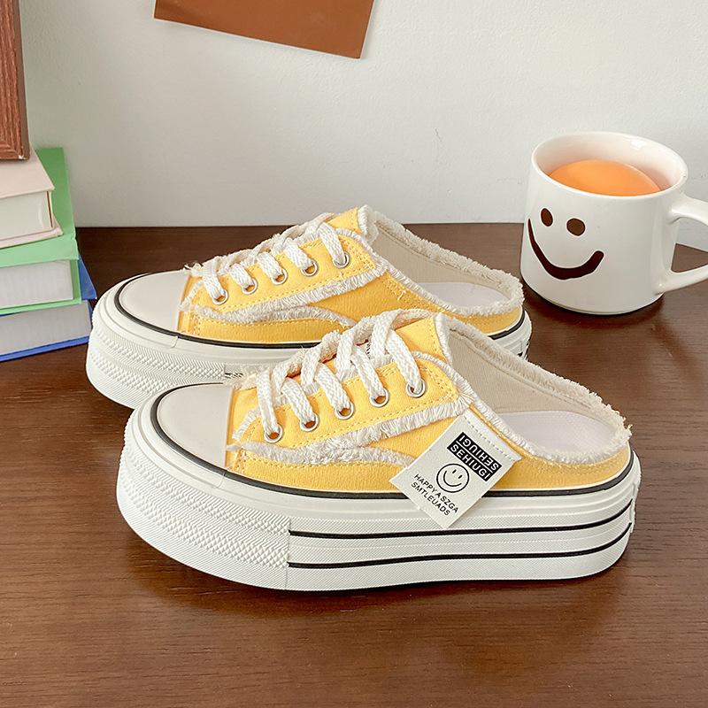 Baotou Slippers Women's Summer Outer Wear 2025 New Canvas Shoes Without Heel Versatile Students Half Drag Thick Soles Ins Tide