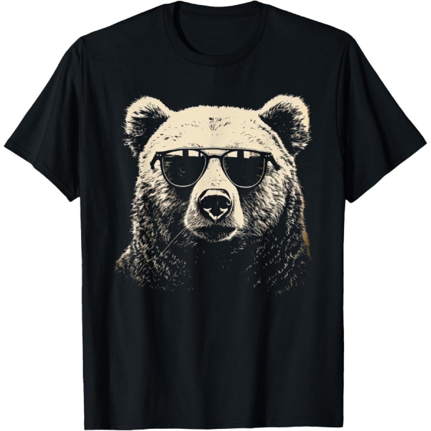 Funny Grizzly Bear Stencil With Sunglasses Punk Rock Art T-Shirt S