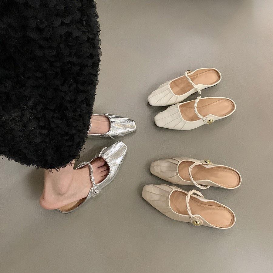 Flat-bottomed French Bag Head, Half Slippers, Fairy Shoes, Outer Wear 2025 New Summer Niche Silver Mary Jane Sandals