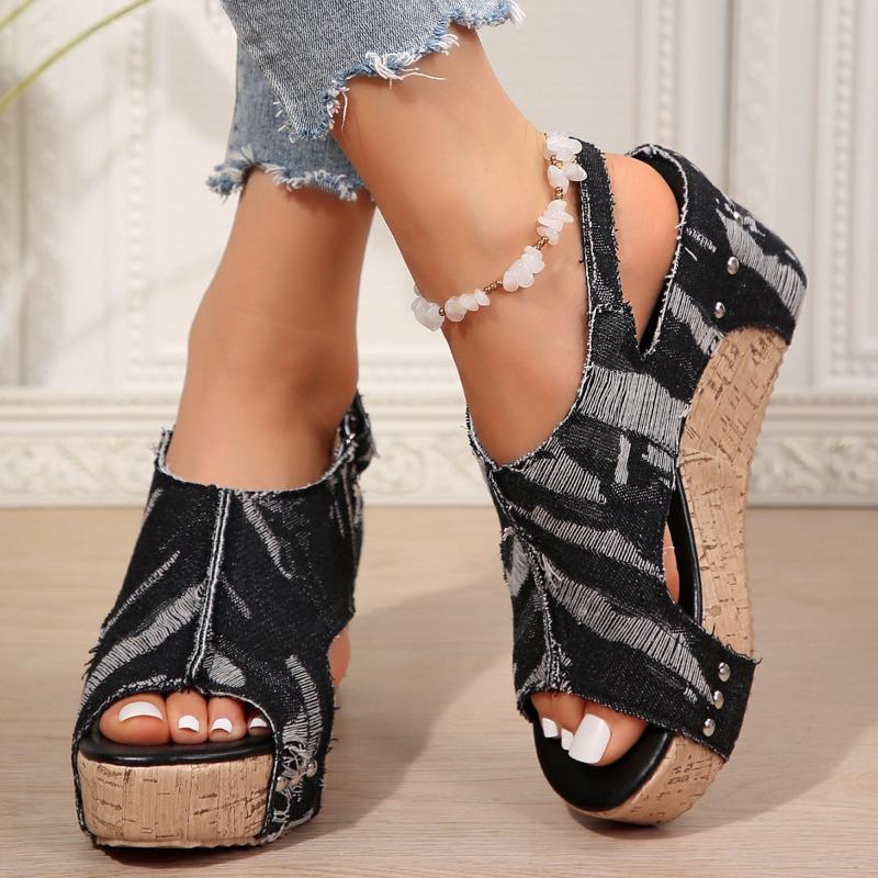2024 New High Quality Denim Sandals Fish Mouth Open Toe Bag Instep Ankle Strap Wedge Sandals Summer Large Size Wedge Shoes