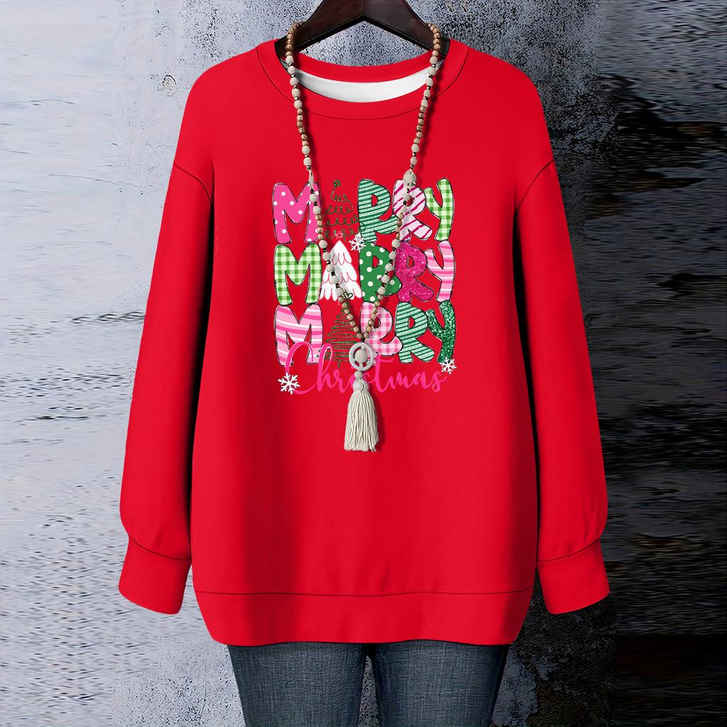 Damen Weihnachts-Print Rundhals Langarm T-Shirt Sweatshirt Oberteil